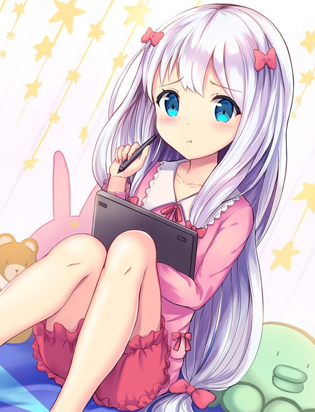 Anime picture 765x1000 with eromanga sensei a-1 pictures izumi sagiri comet-kun sakura ani single long hair tall image looking at viewer blush fringe blue eyes sitting silver hair bent knee (knees) white hair aqua eyes knees together feet apart :t girl