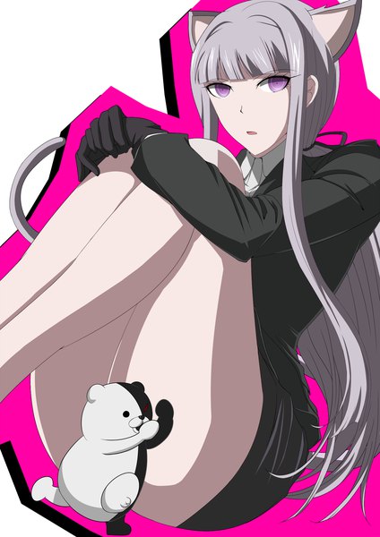 Anime picture 1446x2046 with dangan ronpa kirigiri kyouko sho-chan single long hair tall image looking at viewer light erotic purple eyes animal ears grey hair legs girl skirt gloves miniskirt black gloves black skirt