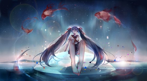 Anime picture 4200x2333 with vocaloid hatsune miku holmesa single highres blue eyes wide image sitting twintails blue hair looking away absurdres bent knee (knees) very long hair nail polish barefoot night bare legs night sky tears