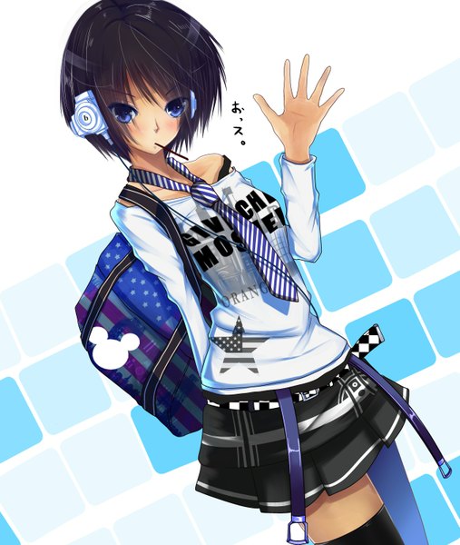 Anime picture 1257x1486 with original cafe au lait (kafeore) single tall image looking at viewer blush short hair blue eyes black hair girl thighhighs skirt black thighhighs necktie headphones bag