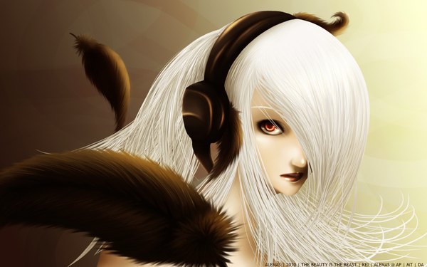 Anime picture 1920x1200 with long hair highres red eyes wide image white hair lipstick headphones feather (feathers)