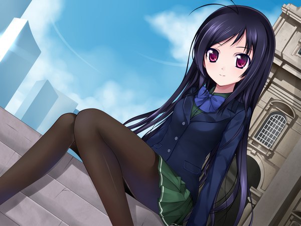 Anime picture 1983x1491 with accel world sunrise (studio) kuroyukihime qiuzhi huiyi single long hair highres black hair red eyes sitting legs girl skirt uniform school uniform miniskirt pantyhose black pantyhose bowtie