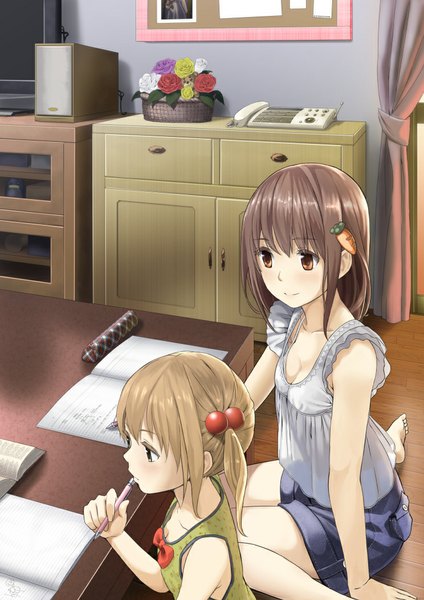 Anime picture 744x1052 with original yoropa long hair tall image brown hair sitting multiple girls brown eyes barefoot light smile wariza girl hair ornament flower (flowers) 2 girls shorts hairclip book (books) table hair tie