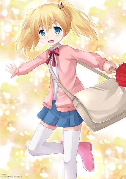 Anime picture 1343x1900 with kin-iro mosaic alice carteret kazenokaze single tall image looking at viewer blush short hair open mouth blue eyes blonde hair twintails loli zettai ryouiki short twintails closed umbrella girl thighhighs skirt white thighhighs