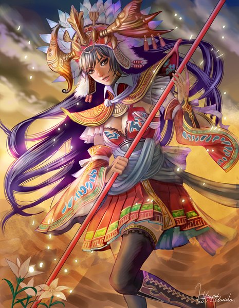 Anime picture 793x1024 with usudahiro single long hair tall image looking at viewer fringe signed sky cleavage purple hair bent knee (knees) traditional clothes pleated skirt lips orange eyes glow girl thighhighs dress skirt