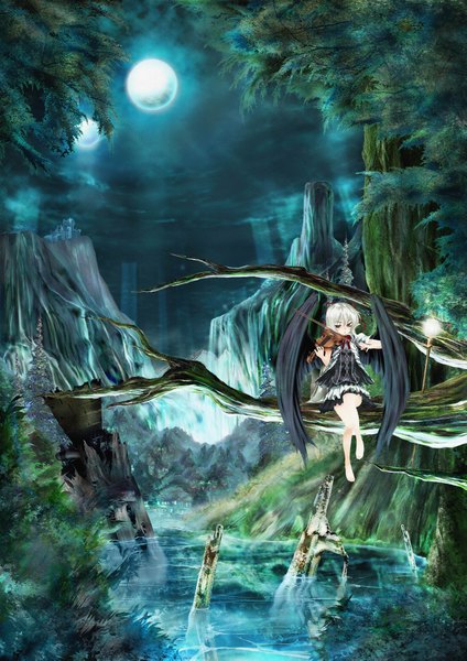 Anime picture 2894x4093 with original mochi (circle rin) single long hair tall image fringe highres hair between eyes sitting holding brown eyes payot looking away bent knee (knees) white hair barefoot scan night bare legs night sky