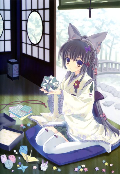 Anime picture 2100x3050 with original nanao naru single long hair tall image looking at viewer blush highres black hair brown eyes traditional clothes scan girl thighhighs bow hair bow white thighhighs origami