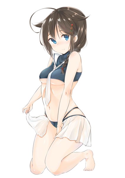 Anime picture 2480x3507 with kantai collection shigure destroyer shisuo single long hair tall image blush highres breasts blue eyes light erotic simple background smile brown hair white background bare shoulders payot looking away full body ahoge