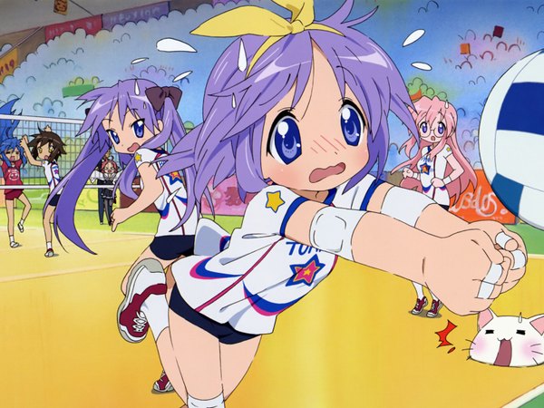 Anime picture 1600x1200 with lucky star kyoto animation izumi konata hiiragi kagami hiiragi tsukasa takara miyuki kusakabe misao kogami akira volleyball girl