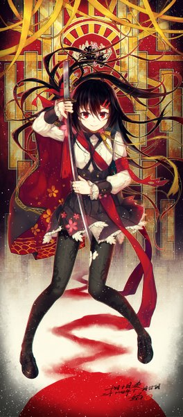Anime picture 1131x2569 with original heiwari kanade single long hair tall image black hair red eyes girl dress ribbon (ribbons) weapon pantyhose sword black pantyhose katana