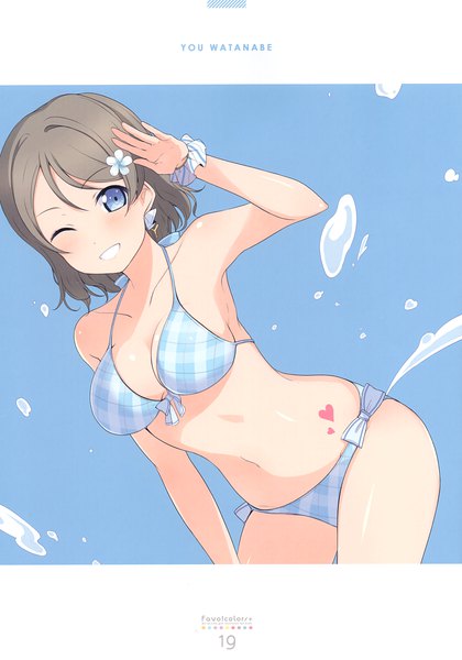 Anime picture 2389x3416 with love live! sunshine!! sunrise (studio) love live! watanabe you 6u (eternal land) single tall image looking at viewer blush highres short hair breasts blue eyes light erotic smile brown hair large breasts parted lips one eye closed hair flower