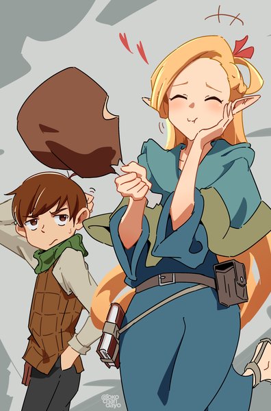 Anime picture 2215x3356 with dungeon meshi studio trigger marcille donato chilchuck tims rokochan long hair tall image highres short hair blonde hair brown hair standing eyes closed pointy ears standing on one leg arm behind head ^ ^ hand in pocket girl boy
