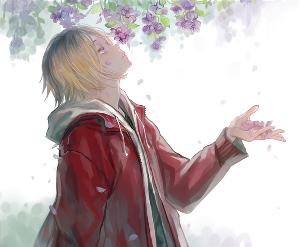 Anime picture 1000x820 with haikyuu!! production i.g kozume kenma saharan kujise single short hair blonde hair standing holding profile multicolored hair open clothes open jacket two-tone hair looking up casual boy flower (flowers) plant (plants)