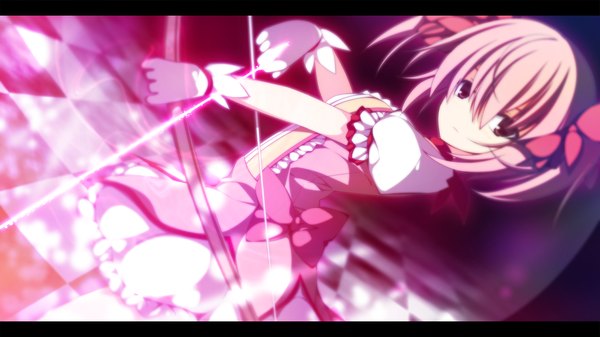 Anime picture 1920x1080 with mahou shoujo madoka magica shaft (studio) kaname madoka highres short hair wide image twintails pink hair short twintails checkered floor dress gloves bow arrow (arrows)