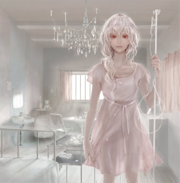 Anime picture 1281x1297 with original 8981 single long hair tall image red eyes white hair sunlight silhouette curly hair albino see-through silhouette girl dress window bed toy stuffed animal chair table