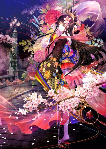 Anime picture 1456x2048 with original fuzichoco single long hair tall image looking at viewer fringe black hair blunt bangs traditional clothes japanese clothes looking back light smile black eyes wide sleeves floating hair cherry blossoms pale skin eyeshadow girl