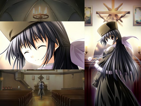 Anime picture 1024x768 with ef ef a tale of memories ef a fairy tale of the two shaft (studio) minori amamiya yuuko long hair looking at viewer black hair smile red eyes eyes closed girl bow hair bow cap church triple persona