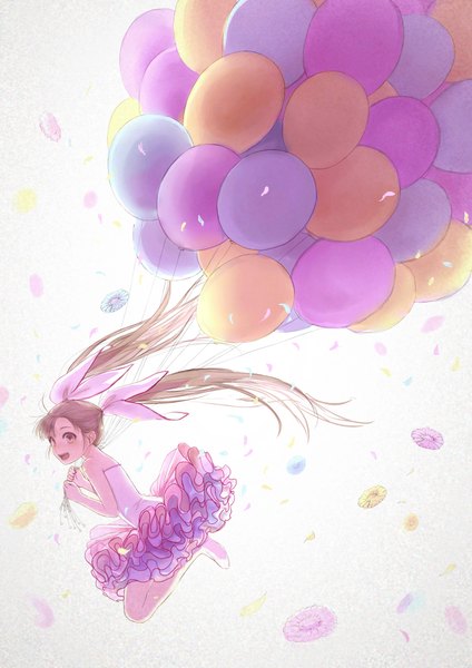 Anime picture 2893x4092 with original romiy single long hair tall image fringe highres open mouth brown hair twintails bare shoulders holding brown eyes teeth jumping girl dress flower (flowers) petals shoes