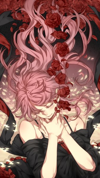 Anime picture 600x1062 with original koubou single long hair tall image bare shoulders pink hair lying eyes closed tears crying choking girl dress flower (flowers) petals black dress rose (roses)