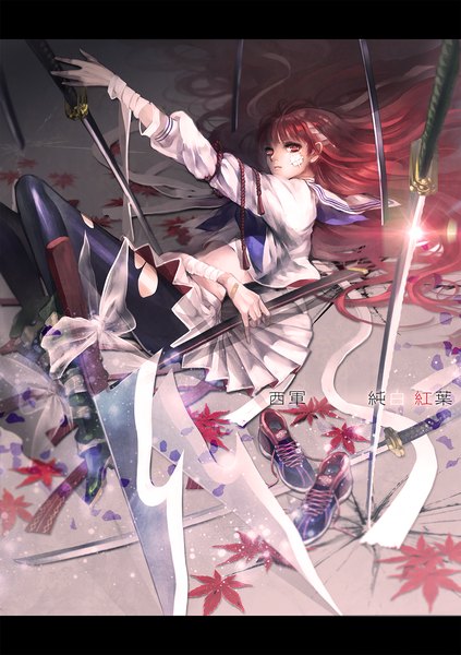 Anime picture 1200x1700 with original tamahagane gakuen touransai mypower_53mnds single long hair tall image looking at viewer fringe red eyes red hair lying long sleeves pleated skirt bare belly no shoes letterboxed torn pantyhose girl skirt bow