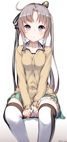 Anime picture 1700x3580 with kantai collection akitsushima seaplane tender katoroku single long hair tall image looking at viewer light erotic white background purple eyes grey hair pantyshot pantyshot sitting :< girl thighhighs skirt underwear panties ribbon (ribbons)