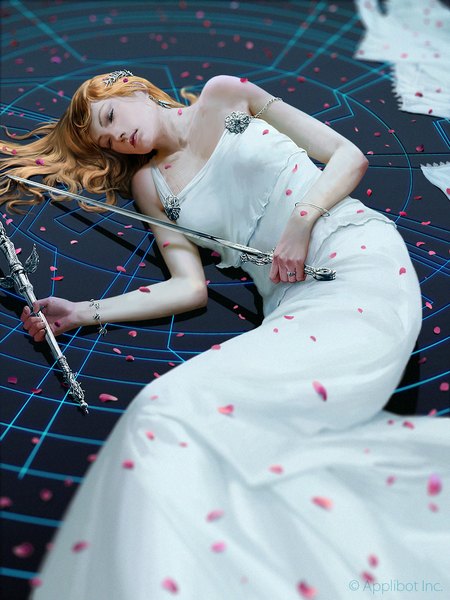 Anime picture 750x1000 with original johannes voss single long hair tall image blonde hair bare shoulders eyes closed realistic sleeping girl dress weapon earrings petals sword bracelet white dress jewelry ring
