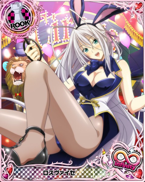 Anime picture 640x800 with highschool dxd rossweisse single tall image looking at viewer blush breasts open mouth blue eyes light erotic animal ears white hair very long hair bunny ears legs bunny girl card (medium) girl animal pantyhose