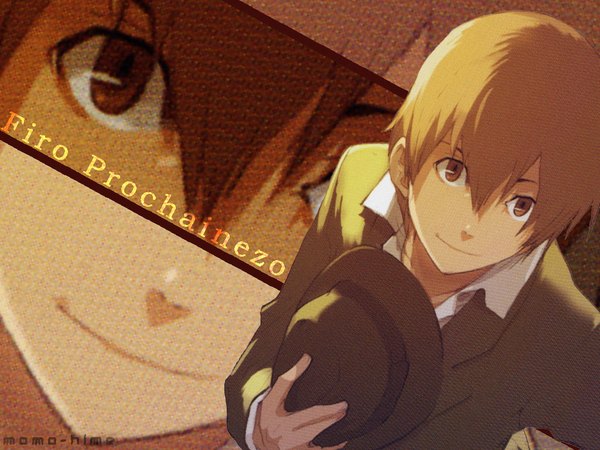 Anime picture 1024x768 with baccano! firo prochainezo short hair smile brown hair brown eyes zoom layer boy hat suit