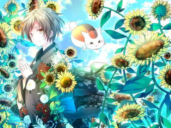 Anime picture 2000x1500 with natsume yuujinchou brains base (studio) natsume takashi madara (nyanko-sensei) riichu single highres short hair brown eyes ahoge japanese clothes grey hair boy flower (flowers) animal cat sunflower