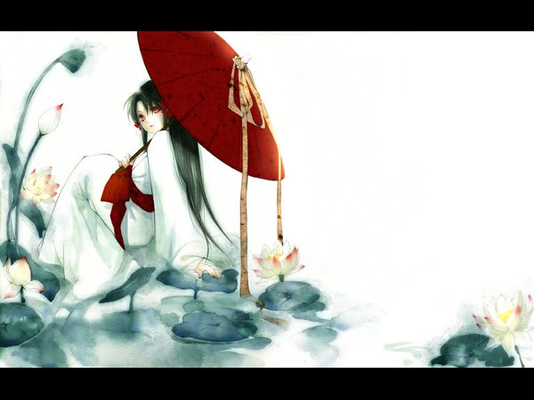 Anime picture 1024x768 with kei shu (artist) long hair black hair red eyes white background sitting japanese clothes girl flower (flowers) water kimono umbrella oriental umbrella water lily lotus