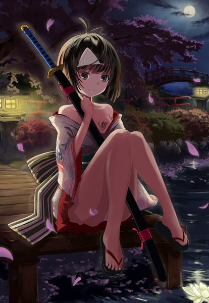 Anime picture 1200x1738 with noragami studio bones nora (noragami) rumisher single tall image fringe short hair breasts light erotic smile brown hair bare shoulders brown eyes ahoge outdoors traditional clothes head tilt japanese clothes barefoot