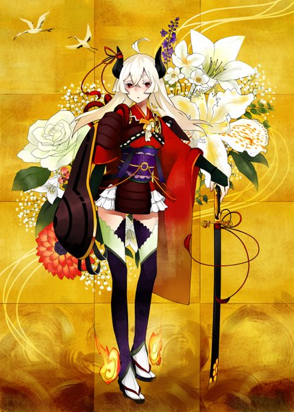 Anime picture 1073x1500 with original tensui (yumemoyou) single long hair tall image blonde hair red eyes standing white hair horn (horns) yellow background girl thighhighs flower (flowers) animal white thighhighs sword bird (birds) rose (roses) fire