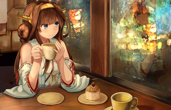 Anime picture 3000x1934 with kantai collection kongou battleship okitsugu single long hair fringe highres blue eyes brown hair sitting looking away ahoge traditional clothes japanese clothes hair bun (hair buns) reflection nontraditional miko remodel (kantai collection) girl hair ornament