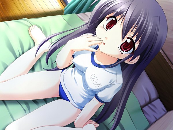 Anime picture 1024x768 with koimomo sakagami minami long hair light erotic black hair red eyes game cg girl uniform bed gym uniform