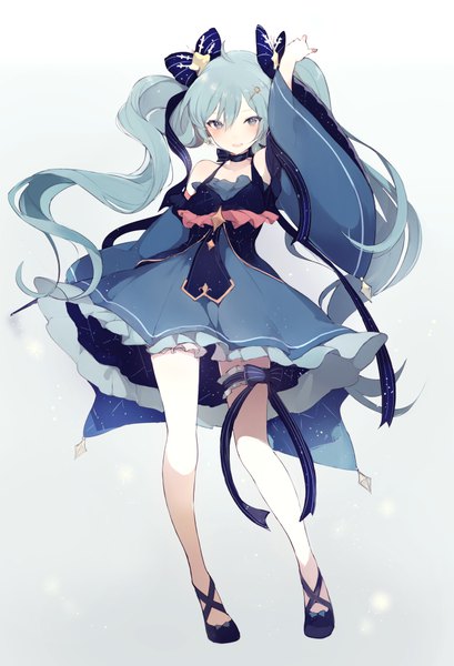 Anime picture 700x1027 with vocaloid star night snow (vocaloid) hatsune miku yuki miku yuki miku (2017) lpip single long hair tall image looking at viewer blush fringe open mouth simple background smile hair between eyes standing twintails full body ahoge