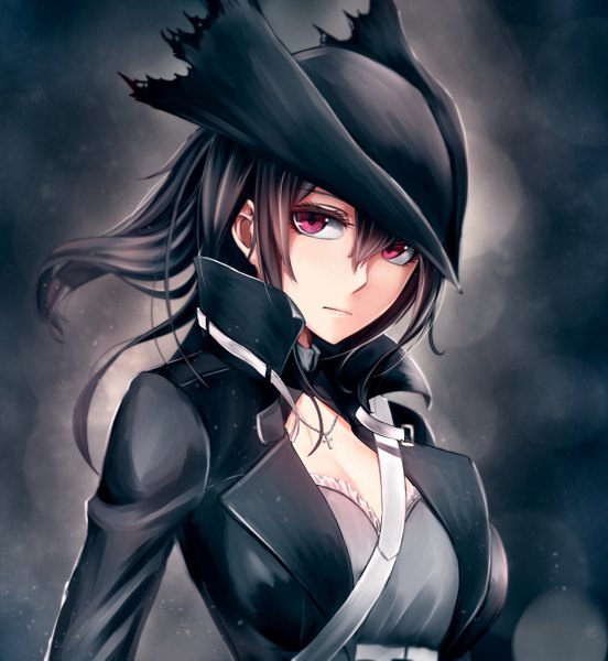Anime picture 1200x1305 with bloodborne from software hunter (bloodborne) shijiu (adamhutt) single long hair tall image looking at viewer fringe black hair pink eyes wind dark background close-up girl hat pendant cross cross necklace