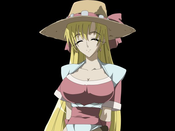 Anime picture 2560x1920 with grenadier tendou rushuna highres breasts blonde hair large breasts eyes closed very long hair light smile black background hands behind back girl hat earrings