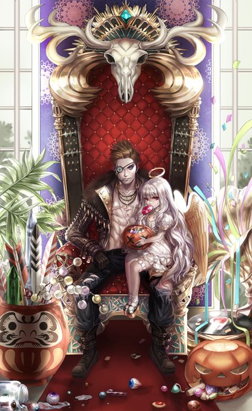 Anime picture 1230x2000 with original bbbox (hotpppink) tall image fringe short hair blue eyes red eyes brown hair sitting silver hair very long hair loli scar halloween angel wings angel girl dress boy gloves