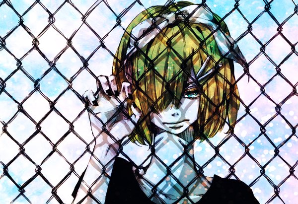 Anime picture 1238x850 with vocaloid kagamine rin tagme (artist) fringe short hair blue eyes blonde hair nail polish hair over one eye black nail polish girl hair ornament bow hair bow bobby pin fence chain-link fence