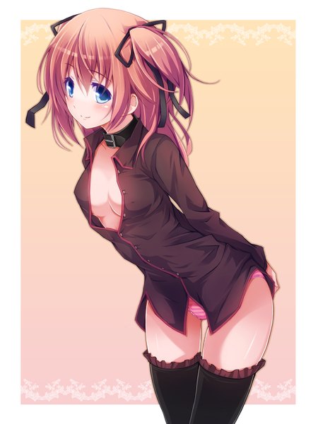 Anime picture 1200x1600 with original chiri (atlanta) single tall image breasts blue eyes light erotic simple background smile brown hair twintails open clothes short twintails girl thighhighs underwear panties black thighhighs