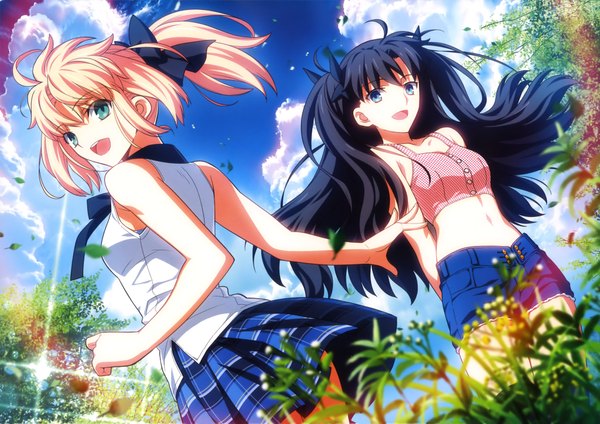 Anime picture 4095x2900 with fate (series) fate/stay night type-moon artoria pendragon (all) saber toosaka rin takeuchi takashi long hair looking at viewer highres open mouth blue eyes black hair blonde hair multiple girls absurdres sky cloud (clouds) scan official art