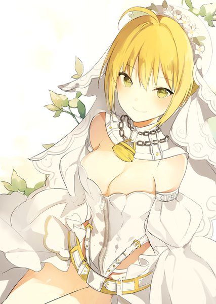 Anime picture 650x914 with fate (series) fate/grand order fate/extra fate/extra ccc nero claudius (fate) (all) nero claudius (fate) nero claudius (bride) (fate) lpip single tall image looking at viewer blush fringe short hair breasts light erotic simple background blonde hair smile hair between eyes