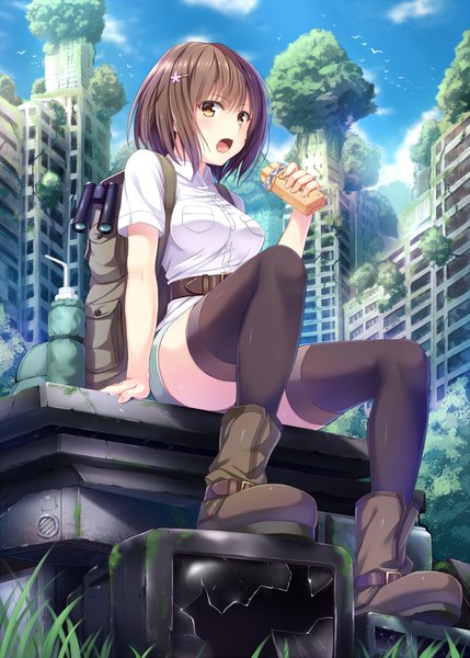 Anime picture 800x1119 with original noe noel single tall image blush short hair open mouth light erotic brown hair sitting brown eyes full body girl thighhighs black thighhighs plant (plants) shirt shorts boots building (buildings)