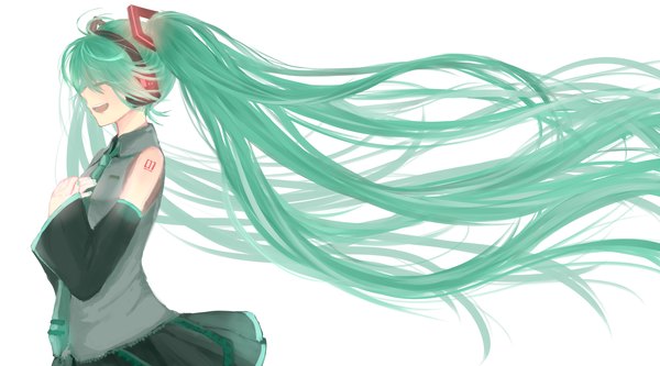 Anime picture 3000x1666 with vocaloid hatsune miku yugoe single blush highres open mouth simple background smile wide image white background twintails bare shoulders eyes closed very long hair profile wind aqua hair singing girl