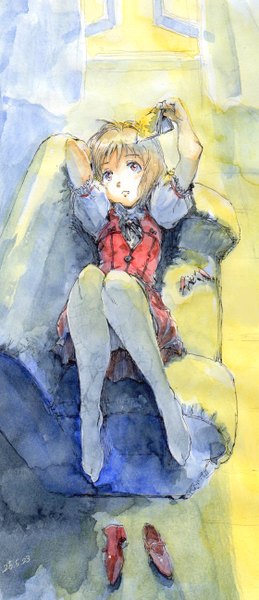 Anime picture 560x1294 with idolmaster hagiwara yukiho hirokazu single tall image short hair blonde hair red eyes signed lying puffy sleeves looking up traditional media watercolor (medium) my dear vampire girl thighhighs white thighhighs couch
