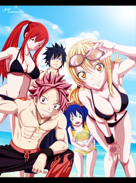 Anime picture 1210x1623 with fairy tail lucy heartfilia erza scarlet natsu dragneel gray fullbuster wendy marvell i-azu long hair tall image short hair open mouth light erotic black hair blonde hair smile red eyes twintails multiple girls blue hair pink hair