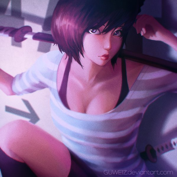 Anime picture 900x900 with guweiz single looking at viewer fringe short hair breasts brown hair purple eyes lips sheathed ilya kuvshinov (style) girl weapon sword katana t-shirt sheath