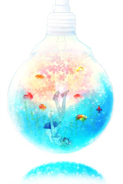 Anime picture 1371x2057 with original furai (furai127) single tall image short hair blue eyes simple background brown hair white background profile looking up underwater falling girl uniform flower (flowers) school uniform bubble (bubbles) fish (fishes) algae