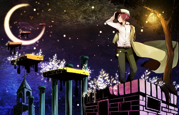 Anime picture 1671x1075 with kino no tabi kino (kino no tabi) tomusongazeru single short hair brown hair brown eyes looking away sky night night sky girl plant (plants) hat shirt tree (trees) belt white shirt leaf (leaves) building (buildings)