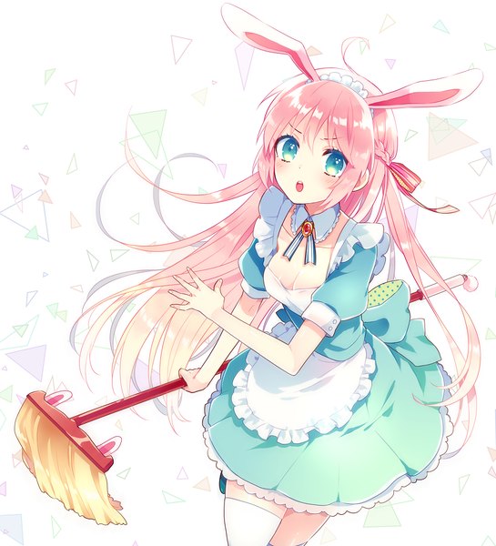 Anime picture 909x1000 with original tayako single long hair tall image looking at viewer blush open mouth standing animal ears pink hair cleavage ahoge braid (braids) aqua eyes teeth maid bunny ears surprised girl